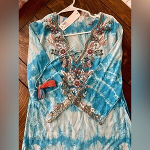 Soft Surroundings Turquoise Blue Embroidered V-Neck Tunic with Coral Accents